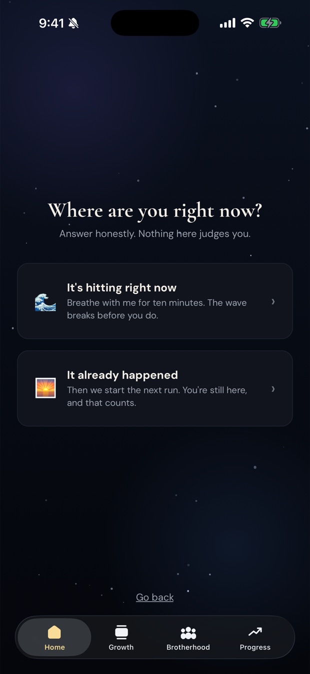 Arisn urge tool: choose whether an urge is happening now or you are returning after a setback.